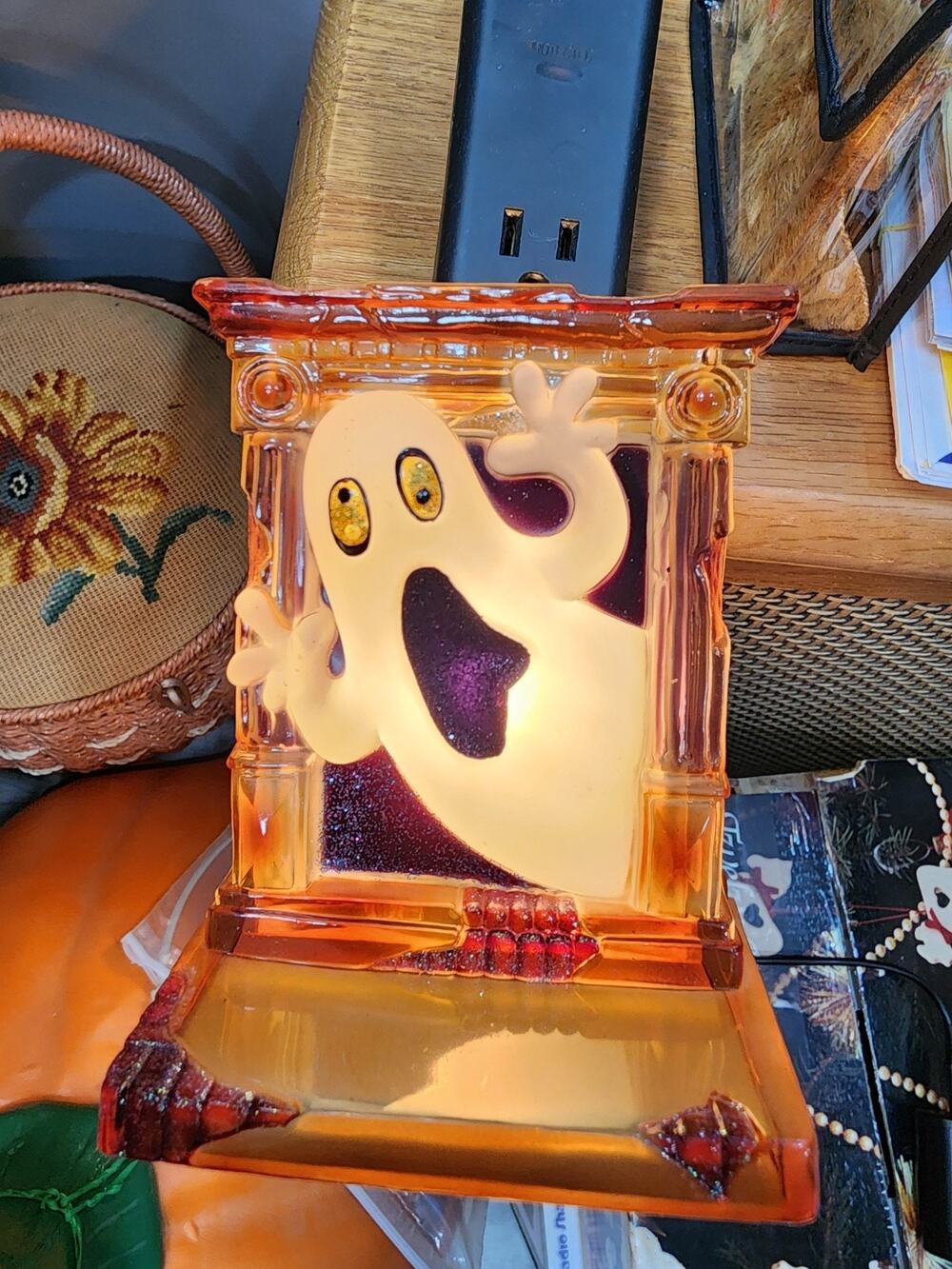 Vintage Halloween Spooky Ghost In Fireplace Acrylic Night Light Plug Wall